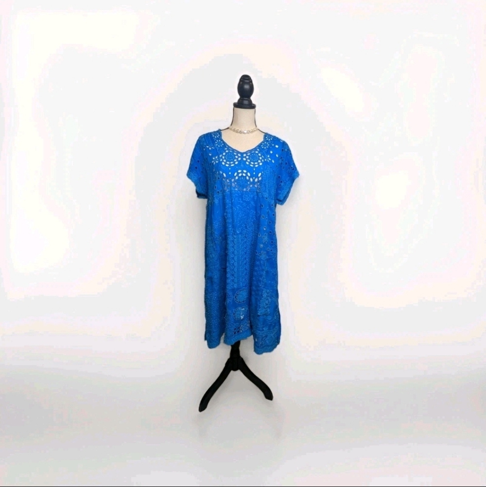 Johnny Was Blue Embroidered Tunic Coverup Sz Medium